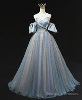 Blue A Line Tulle Long Prom Dress, Blue Tulle Evening Dress with Beading